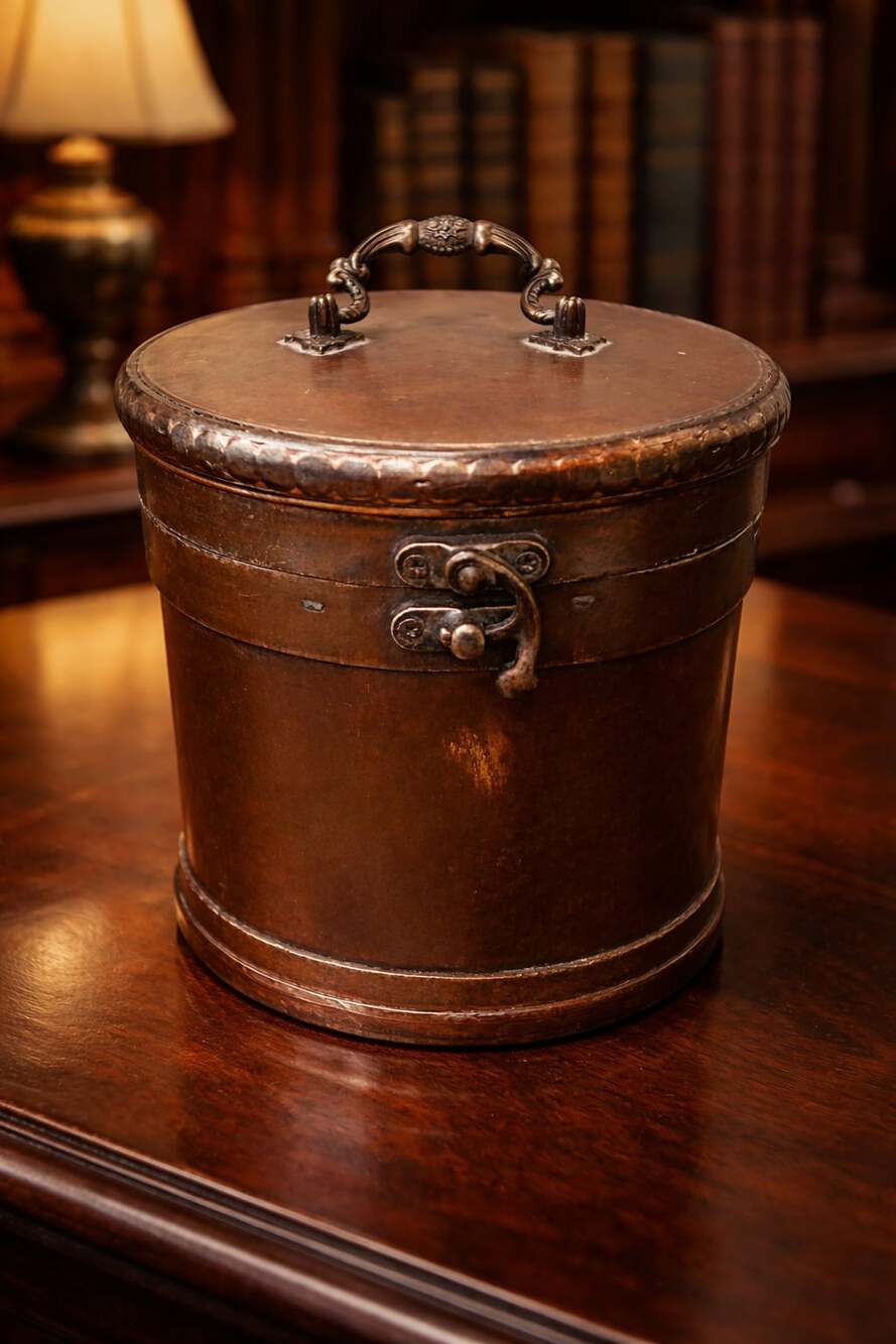 Round Wooden Storage Box with Metal Accents